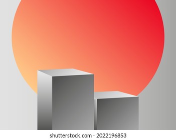 Square podium. Two black and white pedestals against a red circle background. Scene for posting your design. 3D visualization. Vector 