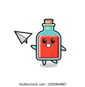 square poison bottle cartoon character throwing paper airplane , cute design