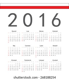 Square Polish 2016 year vector calendar. Week starts from Sunday.