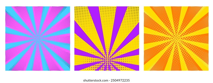 Square Pop art comic poster backgrounds in halftone with noise dots pattern. Manga, social media post backgrounds. Vector graphics