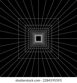 Square portal white wireframe in perspective on black background. Room, hallway, studio or box grid structure. Metaverse, virtual reality space. Engineering or technical scheme. Vector illustration