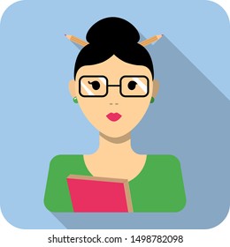 Square portrait of a black-haired female teacher in a green sweater, glasses, with pencils in her hair and a pink book in her hands, blue background, vector graphics, vector illustration