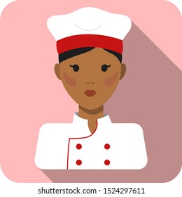 Square portrait of a female cook / chef in white and red uniform and chef hat, pink background, vector graphics, vector illustration