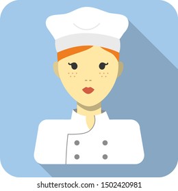 Square portrait of a red haired female cook / chef in white uniform and chef hat, with freckles, blue background, vector graphics, vector illustration