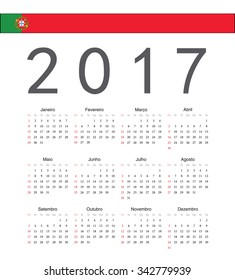 Square Portuguese 2017 year vector calendar. Week starts from Sunday.