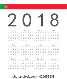 Square Portuguese 2018 year vector calendar. Week starts from Sunday.