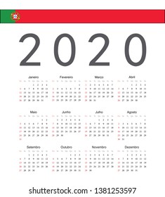 Square Portuguese 2020 year vector calendar. Week starts from Sunday.