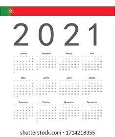 Square Portuguese 2021 year vector calendar. Week starts from Sunday.