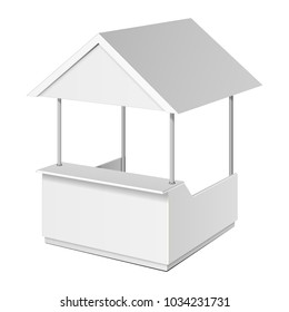 Square POS POI Blank Empty Retail Stand Stall Bar Display With Canopy, Roof, Banner. On White Background Isolated. Mock Up Template Ready For Your Design. Product Advertising Vector EPS10