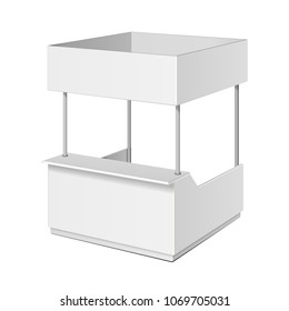 Square POS POI Blank Empty Retail Stand Stall Bar Display With Canopy, Roof, Banner. On White Background Isolated. Mock Up Template Ready For Your Design. Product Advertising Vector EPS10