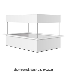 Square POS POI Blank Empty Retail Stand Stall Bar Display With Canopy, Roof, Banner. On White Background Isolated. Mock Up Template Ready For Your Design. Product Advertising Vector EPS10