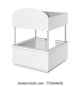 Square POS POI Blank Empty Retail Stand Stall Bar Display With Canopy, Banner. On White Background Isolated. Mock Up Template Ready For Your Design. Product Advertising Vector EPS10