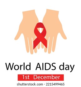Square post banner for World AIDS day, 1 Decembers. Two hand or palm holding red ribbon. Vector illustration.