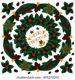 Square post card - Merry Christmas with fire-cone, fire branch, jingle bells and winter-berry on white background