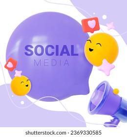 Square post on social media. Megaphone, loudspeaker with speech bubble. For marketing, alarm, advertising, announcement portals. Vector 3d illustration of the template. 