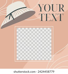 Square post template for social media. Fashionable vector advertising banner, women summer hat.