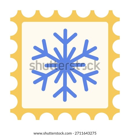 square postage stamp with blue stylized snowflake, yellow perforated border. Flat style vector illustration. Ideal for holiday mail, Christmas stationery, and winter design projects