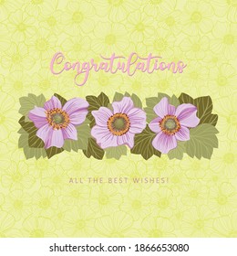 Felicitaciones a las postales cuadradas, deseo. Dibujo de flores anemónicas japonesas, para aniversarios de cumpleaños o el 8 de marzo.