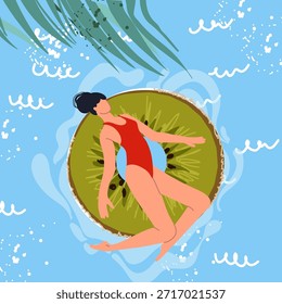 Una postal cuadrada con una linda niña en un flotador en forma de kiwi. Ilustración vectorial plana, dibujado a mano.