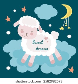 Square postcard, flyer: cartoon pink sheep sleeping on a cloud on a dark background with stars and moon