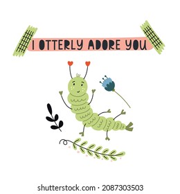 Square postcard i otterly adore you in border. Forest animal green caterpillar nursery boho celebrates card. Doodle floral plant frames hand drawn in vector naive art illustration