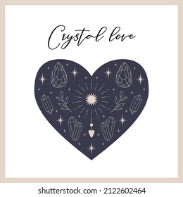 Square postcard with outline crystals, sun, stars on a blue heart shape background. Mysterious, mystical symbols. Crystal love. A card with boho, celestial elements. Color vector illustration on white