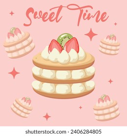 Square postcard with pastry and floating stars. Cake with white whipped cream, strawberry and kiwi. Banner for backery, sweet shop. Birthday card