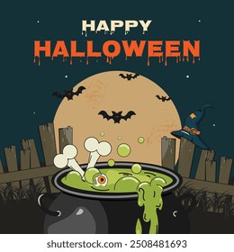 Square postcard, poster, cover, "Happy Halloween" banner. A cauldron of boiling witch's potion, bones, bats, cemetery fence, full moon.Vector illustration.