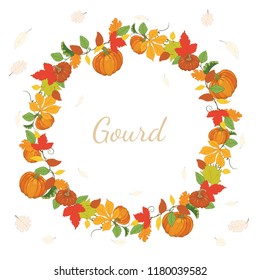 square postcard with round frame of pumpkins and autumn leaves on a white background.