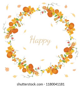 square postcard with round frame of pumpkins and autumn leaves on a white background.