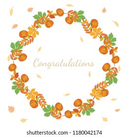 square postcard with round frame of pumpkins and autumn leaves on a white background.