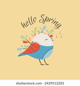 Square postcard, sticker, poster, print "hello, spring". A positive spring vector illustration with a singing bird and beautiful flowers.