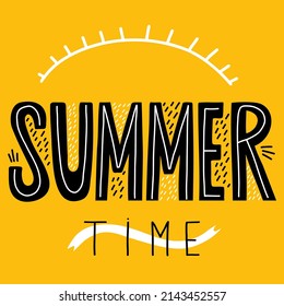 square postcard Summer time. Decorative black inscription lettering on yellow background. Vector illustration. For design and decor, postcards and printing