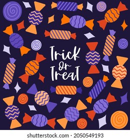 A square postcard with sweets in a wrapper. Hand lettering-trick or treat. Halloween decoration. Color flat cartoon vector illustration on a purple background.