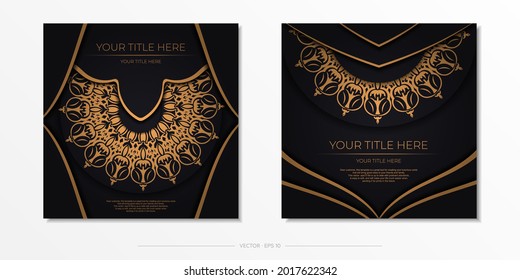 Square Postcard Template Black with luxurious patterns. Print-ready invitation design with vintage ornaments.