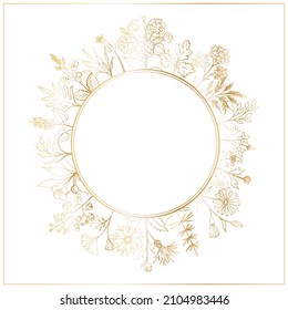 Square postcard template with a circular frame in the center decorated with flowers and wild herbs in a circle. Vector illustration of golden gradient.