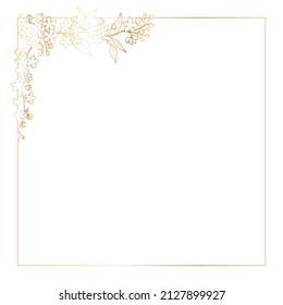 Square postcard template with a frame decorated in the corner with branches of spring flowers on a golden background, freehand drawing with a golden gradient. 