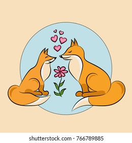 Square postcard for Valentines day with cute foxes in love, with hearts and flower