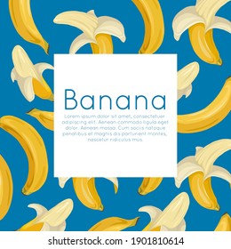Square postcard with various bananas on blue background and place for text. Tropical fruits and healthy food. Vector template for menus, cards, recipes and your design