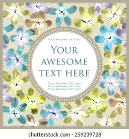 Square postcard. Watercolor flowers framed by a circular shape with text. Gentle olive background, turquoise and yellow flowers. 