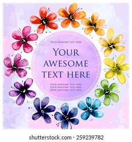 Square postcard. Watercolor flowers framed by a circular shape with text. All the colors of the rainbow, color floral circle.