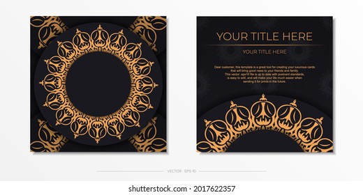 Square postcards in Black color with luxurious patterns. Invitation card design with vintage ornament.
