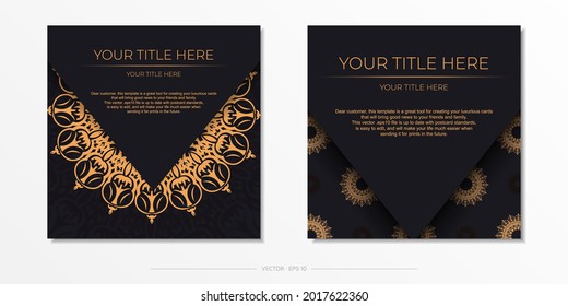 Square postcards in Black color with luxurious patterns. Invitation card design with vintage ornament.