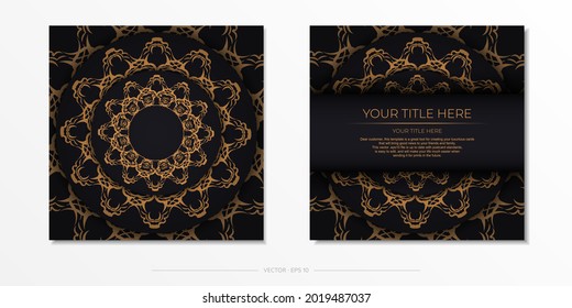 Square postcards in black with luxurious gold ornaments. Invitation card design with vintage patterns.