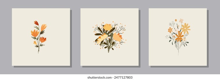 Square postcards with bouquets of flowers in an autumn palette of shades. Autumn. Vector illustrations for printing on postcards for design, plots, printing, packaging, clothing, etc.