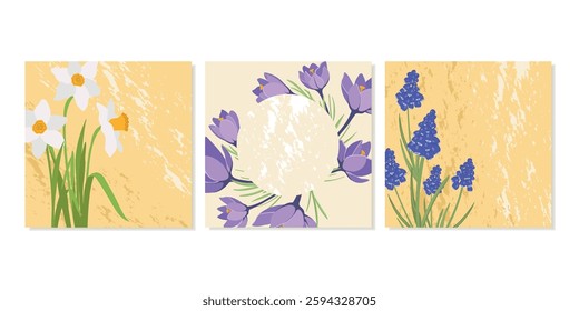 Square Postcards with Bouquets of Spring Blossoms. White daffodils, crocuses, muscari. Hello Spring. Square Template For Social Media. Vector