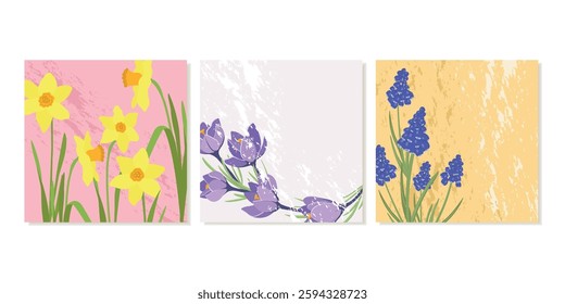 Square Postcards with Bouquets of Spring Blossoms. Yellow Daffodils, Crocuses, Muscari. Hello Spring. Square Template For Social Media. Vector