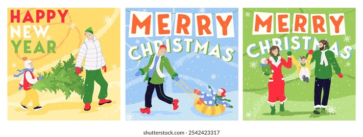 Square postcards for Christmas with family. Postcards Happy New Year and Merry Christmas greetings. Smiling children and joyful parents on the cards. Postcards flyers posters for winter holidays