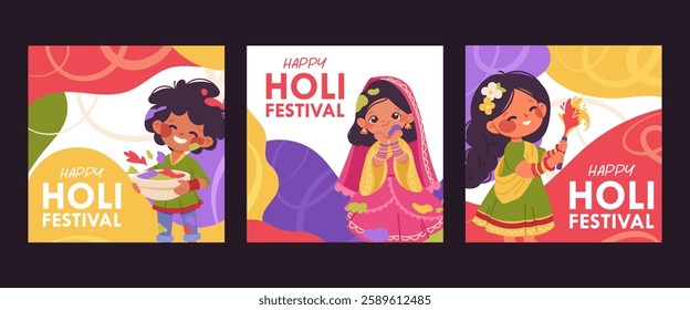 Square postcards for festival of Holi. Bright colorful posters for traditional Indian celebration of colors. Vector printable templates