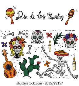 square postcards with sugar skulls are published on social media in honor of the Mexican national holiday of the Day of the Dead. Holiday banner templates. Vector flat illustration.
